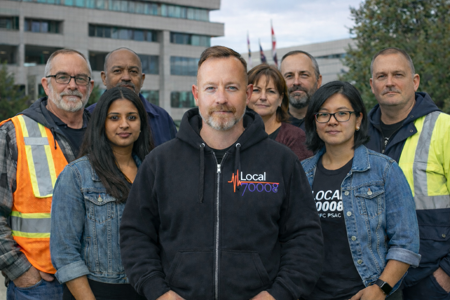 A diverse group of people posing outdoors, wearing 'Local' branded clothing.