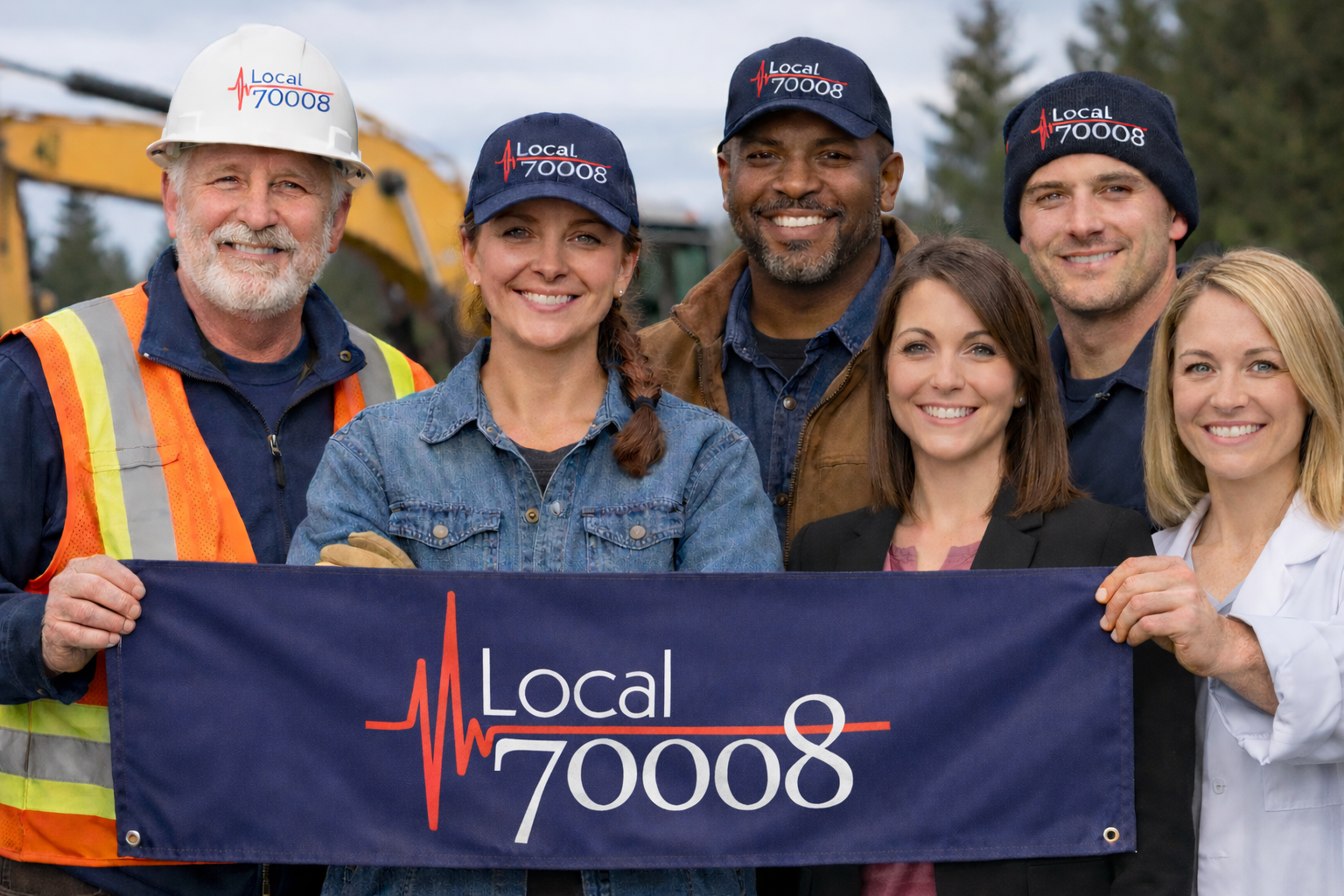 Group of smiling people holding a Local 70008 banner.